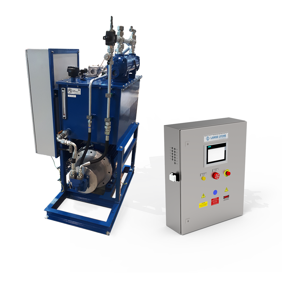 A smaller blue PG-designed hydraulic power unit with control cabinet A smaller blue PG-designed hydraulic power unit with control cabinet