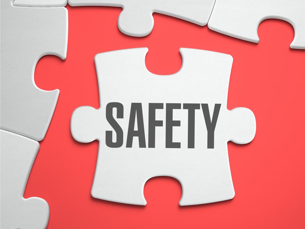 Safety - Text on Puzzle on the Place of Missing Pieces. Scarlett Background. Close-up. 3d Illustration. Safety - Text on Puzzle on the Place of Missing Pieces. Scarlett Background. Close-up. 3d Illustration.