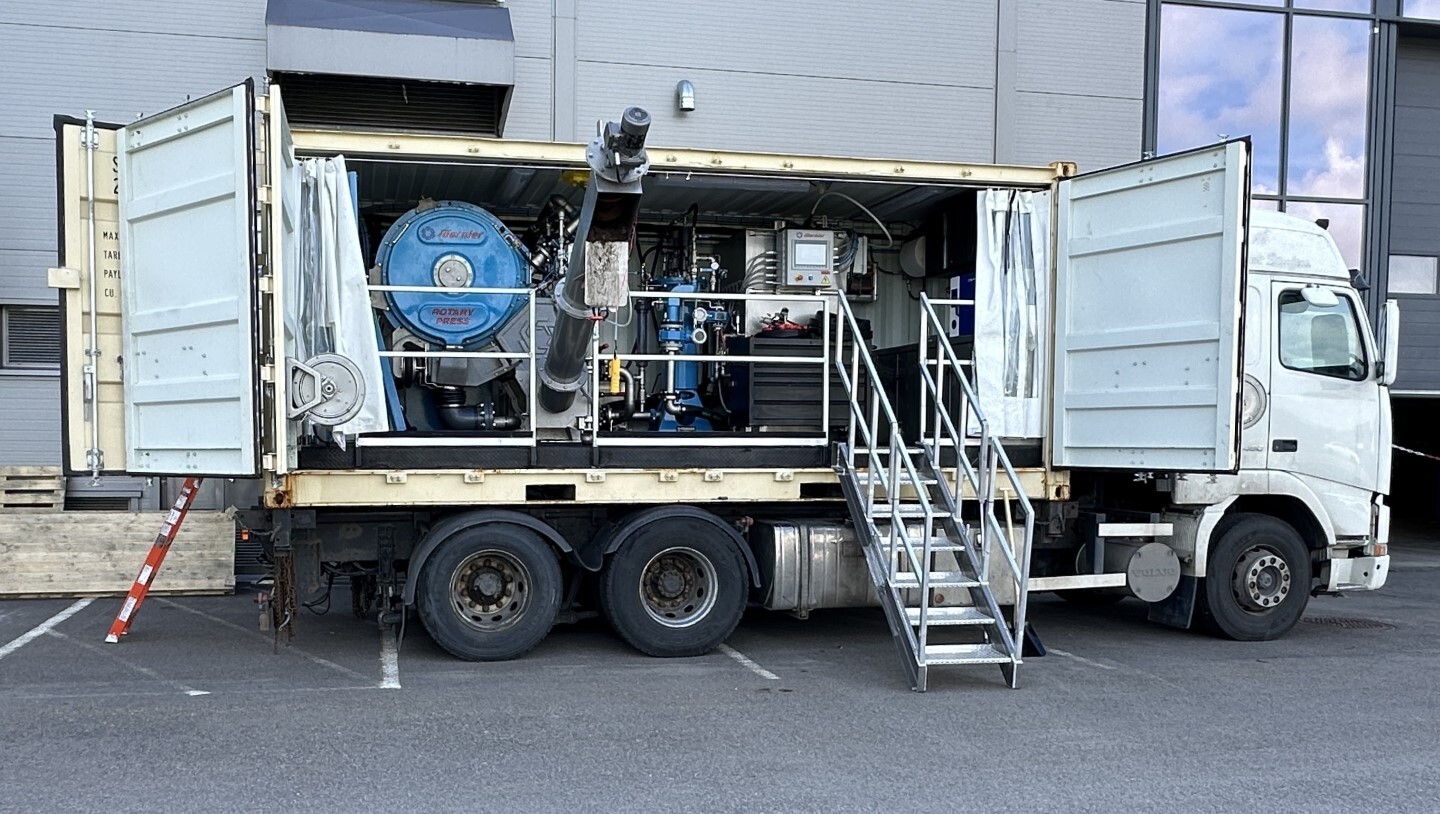 Mobile 20 ft. containerized Rotary Press dewatering pilot test unit onboard truck Mobile 20 ft. containerized Rotary Press dewatering pilot test unit onboard truck